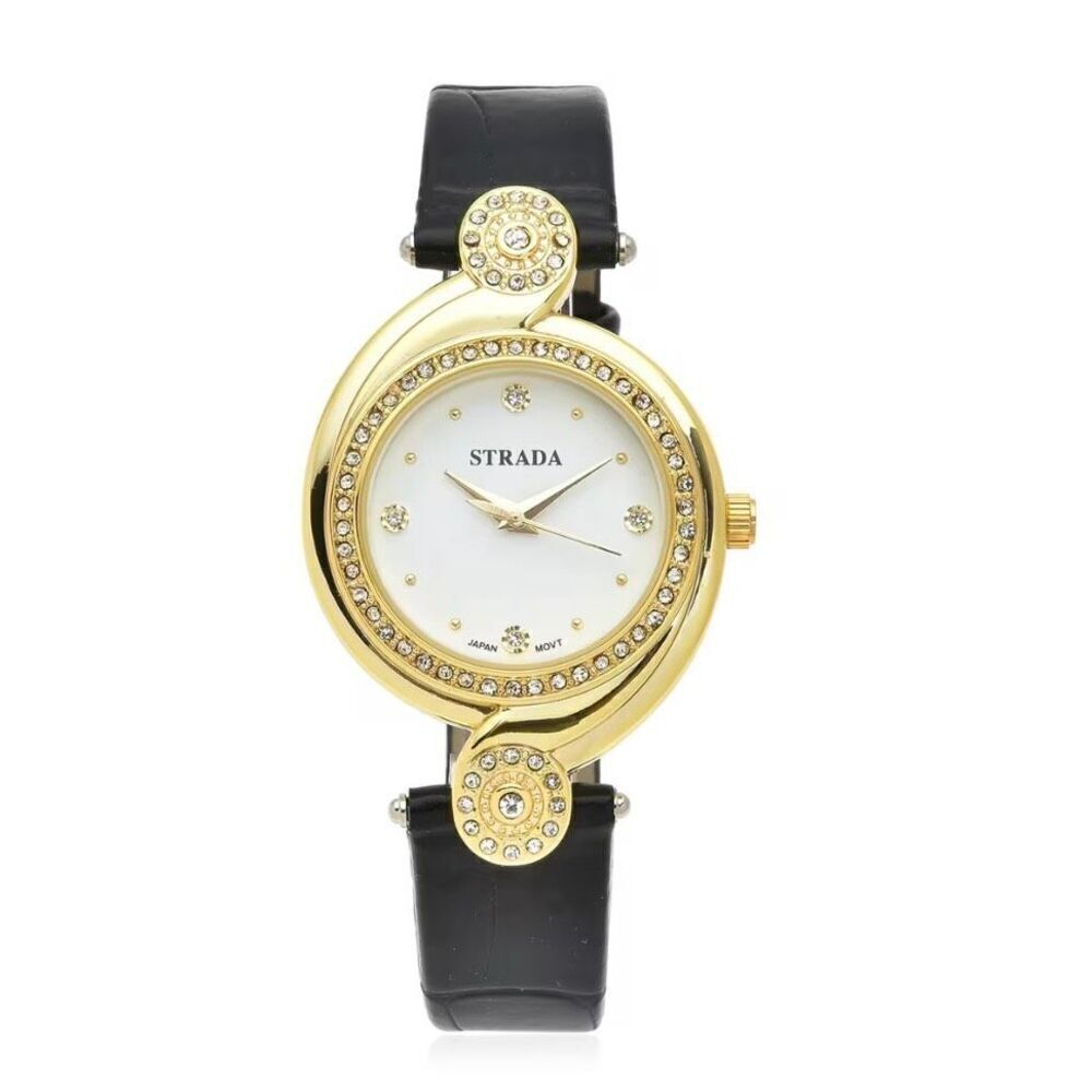 Strada Austrian Crystal Japanese Movement Watch with Black Faux Leather Strap